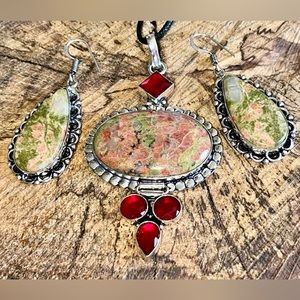 Unakite Jasper w Statement Red Beads Pendant & Earrings